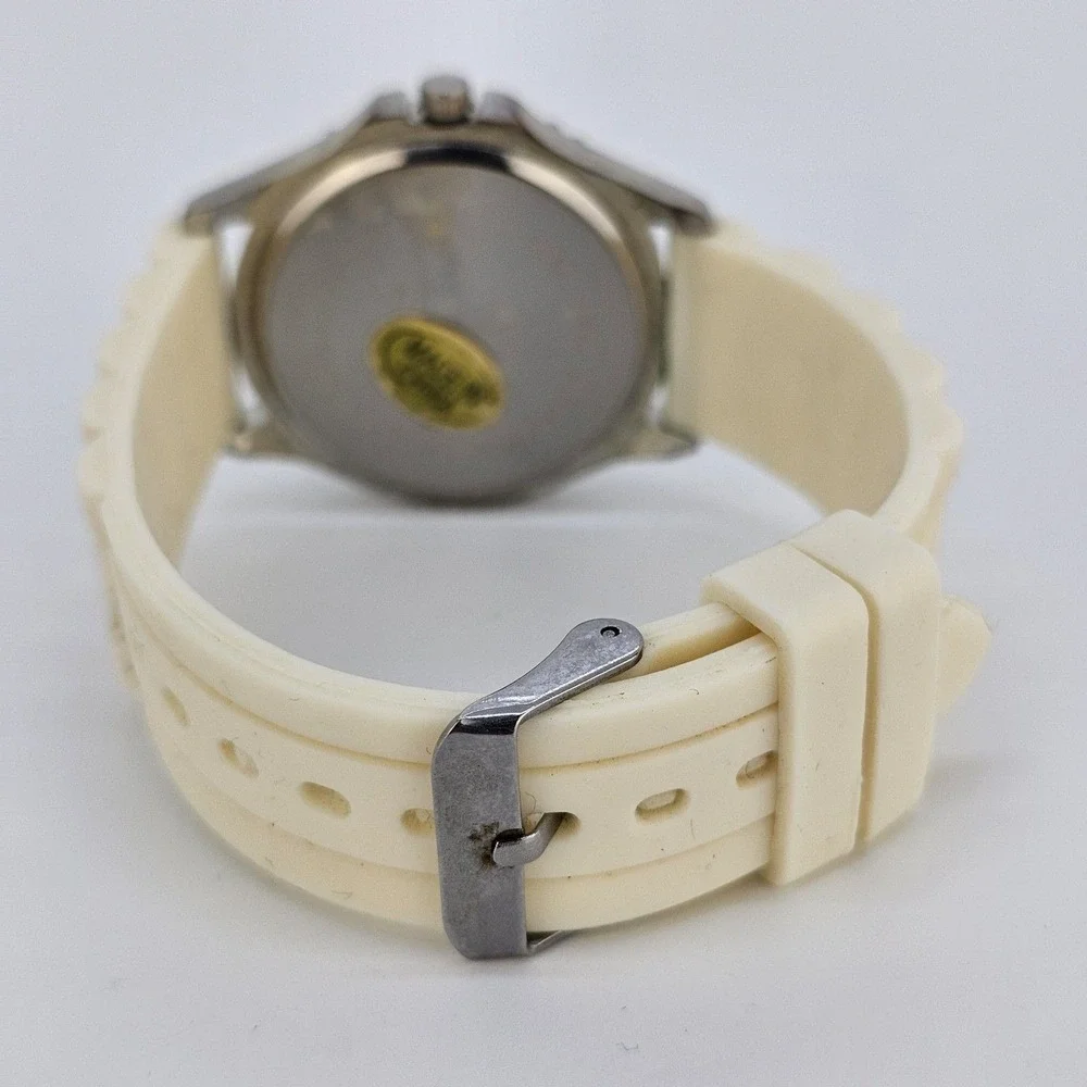 Women's Watch‎ 38MM White Dial Gray Case Cream Plastic Band Straps New Battery
